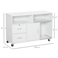 HOMCOM Support d'imprimante à 2 tiroirs meuble de rangement sur roulettes étagères ouvertes et placard, 100 x 35 x 65 cm, blanc(m-3)