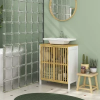 HOMCOM Armario de Baño Bajo Lavabo de Bambú con Puerta Doble y Estante Ajustable Carga 30 kg 60x30x70 cm Natural y Blanco(m-10)