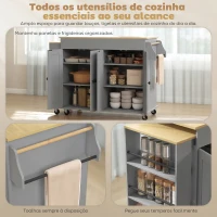 HOMCOM Ilha de Cozinha com Rodas Tampo Extensível Carrinho de Cozinha com 4 Portas Prateleiras Ajustáveis Estante Lateral Aberta Cinza(m-6)