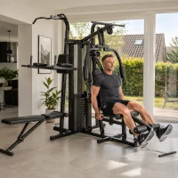SPORTNOW Multifunktions-Trainingsstation, Heimfitness-Maschine für über 10 Übungen, Gewichte, anpassbare Fitnessbank, Schwarz(m-9)