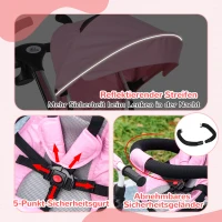 HOMCOM 6-in-1 Kinder Driewieler met Duwstang, Dak, Gordel, Opbergmand, 18+ Maanden, Roze(m-8)