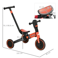 HOMCOM Triciclo per Bambini 18-60 Mesi con Manubrio Regolabile e Ruote Chiuse, 101x45x86.5 cm, Rosso(m-3)