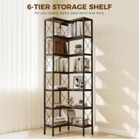 HOMCOM 6-Tier L-Shaped Bookshelf, Freestanding Corner Bookcase with Metal Frame, Rustic Brown(m-5)