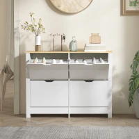 HOMCOM Smalle Schoenenkast met 4 Klapvakken voor 8–16 Paar Schoenen, 105 x 26 x 80 cm, Wit + Natuurlijk hout(m-8)