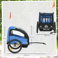 HOMCOM Reboque de Bicicleta para Crianças de 2 Lugares com Cinto de Segurança e Sistema de Amortecimento 140x88x90 cm Azul(m-3)