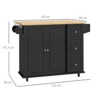 HOMCOM Kitchen Island with Drop Leaf, Rolling Kitchen Storage Trolley on Wheels with 3 Drawers, Black(m-3)