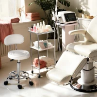 HOMCOM Tabouret à roulettes, tabouret de massage avec hauteur réglable 70-86 cm et dossier, pivotant 360°, blanc(m-9)
