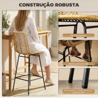 HOMCOM Bancos Altos de Cozinha em Vime Sintético Bancos de Bar Modernos com Pés de Aço 42,5x52x102 cm Madeira e Preto(m-6)