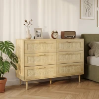 HOMCOM Chest of Drawers, 6-Drawer Dresser, Tall Storage Drawer Unit with Rattan Element for Bedroom, Living Room, Oak(m-13)