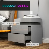 HOMCOM Grey Bedside Table with LED Light, High Gloss Front Nightstand with 2 Drawers, for Living Room, Bedroom(m-7)