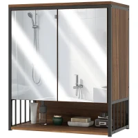 HOMCOM Armoire murale salle de bain avec miroir meuble salle de bain avec compartiment ouvert porte à fermeture amortie marron(m-12)