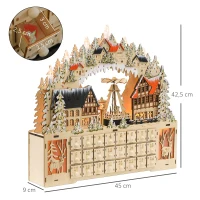 HOMCOM Adventskalender, kerstdorp, 18 LEDs, 24 lades, herbruikbaar, 45 x 9 x 42,5 cm(m-3)