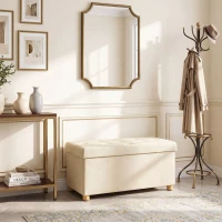 HOMCOM Velvet Upholstered Foldable Ottoman Footrest, Storage Ottoman Bench with Wood Legs for Living Room, Cream White(m-9)
