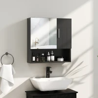 kleankin Dulap Oglindă de Baie din Lemn cu Rafturi Reglabile și Raft Deschis, 54x15.2x55.3 cm, Negru(m-2)