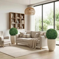 HOMCOM Lot de 2 boules de buis artificielles en pot, résistantes aux UV, 42 cm, pour décoration intérieure/extérieure(m-9)