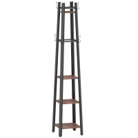 HOMCOM Garderobenständer mit 4 Ebenen, freistehender Kleiderständer, 8 Haken, 4 Regale, Industrie-Stil, Metall, Spanplatte, Braun(m-1)