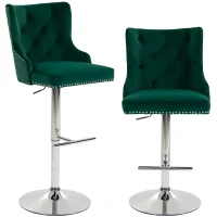 HOMCOM Bar Stools Set of 2, Modern Swivel & Adjustable Velvet Barstools with Button-Tufted Back, Footrest for Home Bar, Green(m-1)