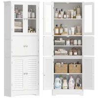 HOMCOM Meuble de salle de bain haut, meuble de rangement avec 6 portes dont 2 vitrées et 2 persiennes, étagère réglable, blanc(m-16)