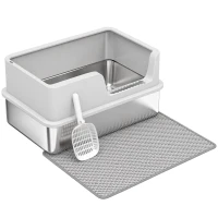 PawHut Bac Litière pour Chat en INOX Couvercle Bords Hauts Pelle et Tapis Anti-Adhérent Anti-Odeurs 60x40x30cm Gris Clair(m-1)