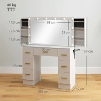 HOMCOM Kaptafel met Spiegel en 12 LED-lampen, Friseurtafel met 7 Lades, 6 Verborgen Opbergvakken, Spaanplaat, Wit(m-3)