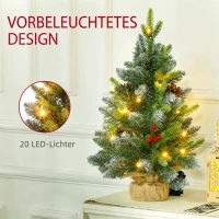 HOMCOM Mini Brad de Crăciun 60 cm cu lumini LED, 141 ramuri, conuri de pin, bobițe roșii, bază din ciment, verde(m-4)