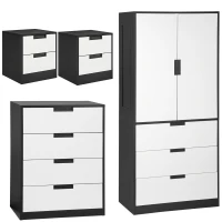 HOMCOM Bedroom Furniture Set, Wardrobe with Hanging Rod, 4 Drawer Chest of Drawers, 2 Bedside Tables with Storage, White and Black(m-1)