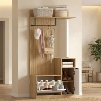 HOMCOM Meuble d'entrée 6 en 1, vestiaire d'entrée avec banc à chaussures rabattable, miroir, 80x36x168cm, chêne(m-2)