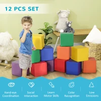HOMCOM 12 PCs Soft Play Blocks, Soft Foam Toy, Building and Stacking Blocks for Kids, Red(m-7)