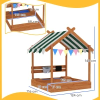 Outsunny Zandbak met zonbescherming, speelhuisdesign, met speelgoedset, behandeld massief hout, 124 x 116 x 146 cm, groen(m-3)