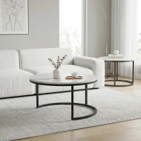 HOMCOM Set 2 Tavolini da Caffè Sovrapponibili Rotondi in Metallo e MDF Effetto Marmo, Grigio e Nero(m-9)