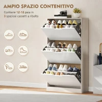 HOMCOM Scarpiera Salvaspazio Slim a 3 Cassetti per 18 Paia di Scarpe 62.5x26x117.5 cm, color Legno e Bianco(m-4)