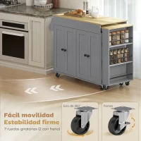 HOMCOM Isla de Cocina con Ruedas Encimera Extensible 4 Puertas Estantes Ajustables Especiero y Soporte para Toallas Gris(m-7)