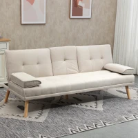 HOMCOM Slaapbank 3-zits, verstelbare rugleuning met inklaptafel, twee armkussens, linnenlook, beige, 181 x 77 x 78 cm(m-2)