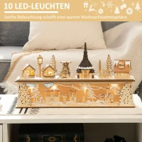 HOMCOM kerstdecoratie, besneeuwd kerstdorp, 10 LED's, warm wit licht, hout, 45 x 10 x 25 cm(m-5)