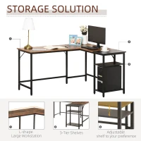 HOMCOM L-Shaped Computer Desk Industrial Corner Writing Desk with Adjustable Storage Shelf Space-Saving Home Office Workstation 150 x 120 x 75 cm Rustic Brown(m-4)