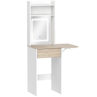 HOMCOM Small Vanity Desk with Mirror and LED Lights, Compact Dressing Table with Drop Leaf, Open Shelves and Drawer, White