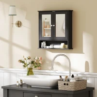 kleankin Armario de Baño con Espejo Armario de Pared con 2 Puertas Estante Abierto Estante Ajustable 56x13x58cm Negro(m-2)