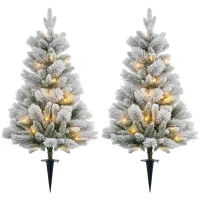 HOMCOM LED-Verlichte Kerstboom, Set van 2, 90 cm, Dennenappels, Rode Bessen, Brandveilig, Groen/Wit(m-10)