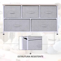 HOMCOM Cómoda com 5 Gavetas de Tecido Cómoda para Quarto Estrutura Metálica 100x30x54 cm Cinzento(m-6)
