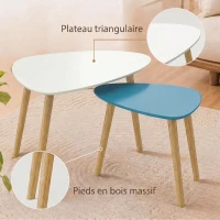 HOMCOM Lot de 2 tables basses gigognes design scandinave pieds en bois et plateau en bois, blanc et bleu(m-5)