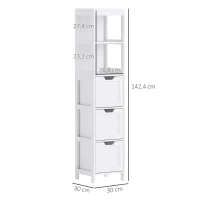 HOMCOM Badkamerkast met 3 Laden en 2 Open Schappen, Smalle Opbergkast voor Kleine Badkamer, Waterafstotend Materiaal, Wit(m-3)