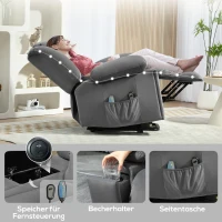 HOMCOM Elektrische Relaxfauteuil met opsta-hulp – Ligstoel met verwarmings- en massagefunctie, afstandsbediening, bekerhouder, zijvak, USB, pocketvering, fluweel, donkergrijs(m-9)