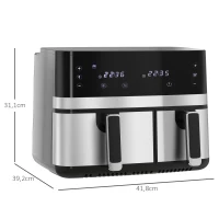 HOMCOM Heteluchtfriteuse, 2700 W, 8 Instellingen, 41,8 cm x 39,2 cm x 31,1 cm, Zwart + Zilver(m-3)