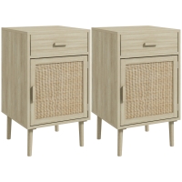 HOMCOM Juego de 2 Mesitas de Noche Mesillas de Noche con Cajón de Ratán y Estante Ajustable 40x40x68,5 cm Roble