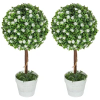 HOMCOM Set of 2 Decorative Artificial Plants, Ball Topiary Tree with Rose Flower in Pot, Fake Plants for Home Indoor Outdoor Decor, 60cm, White(m-11)