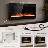 HOMCOM Camino Elettrico da Incasso o a Parete con Temperatura Regolabile, in Acciaio e Vetro, 91.4x9.4x47 cm, Nero(m-3)