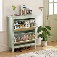 HOMCOM Narrow Shoe Cabinet, Boho Slim Shoe Storage Cabinet with 2 Flip Drawers, Holds 14 Pairs, Light Green(m-9)