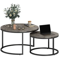 HOMCOM Industrial Nesting Coffee Table Set of 2, Round Coffee Tables, Living Room Table with Faux Marbled Top and Steel Frame(m-11)