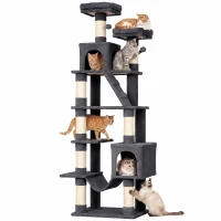 PawHut Arbre Griffoir pour Chats 204 cm Multiniveaux avec 2 Cabanes Hamac 2 Couchages Poteaux en Sisal Échelle 2 Balles Gris Foncé(m-7)
