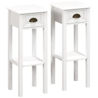 HOMCOM Juego de 2 Mesas Auxiliares Mesitas de Noche con Cajón y Estante de Almacenamiento para Dormitorio 30x30x75 cm Blanco(m-1)
